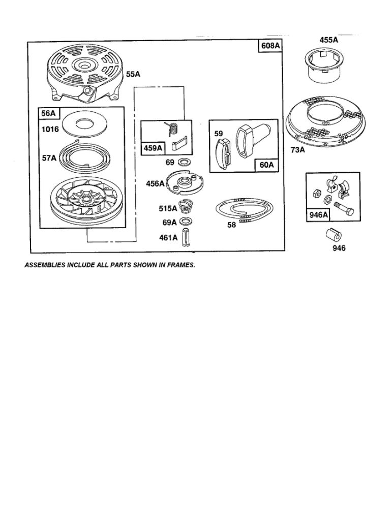 Housing-Rewind Starter Diagram and Parts List for 12F800-12F899 0821-0829-0873 Briggs and Stratton Engine